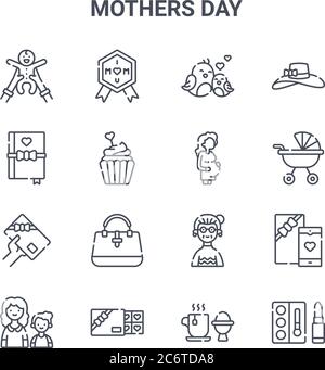 set di 16 icone di linee vettoriali di concetto per la madre al giorno. 64x64 icone di tratti sottili come il giorno della madre, libro, passeggino, nonna, scatola di cioccolato, ombretto, Illustrazione Vettoriale