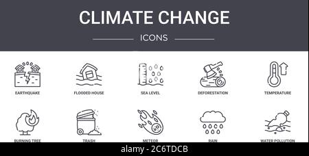 set di icone della linea di concetto del cambiamento climatico. contiene icone utilizzabili per il web, il logo, l'interfaccia utente/utente, come la casa allagata, la deforestazione, l'albero bruciante, il meteore, la pioggia, la wa Illustrazione Vettoriale