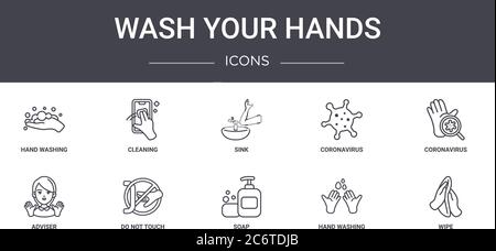 wash your hands concept line icons set. contiene icone utilizzabili per web, logo, ui/ux come pulizia, coronavirus, consulente, sapone, lavaggio mani, salvietta, c Illustrazione Vettoriale