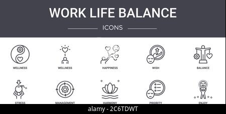 set di icone della linea di concetto del bilanciamento della vita lavorativa. contiene icone utilizzabili per il web, il logo, l'interfaccia utente/utente come benessere, desiderio, stress, armonia, priorità, piacere, equilibrio Illustrazione Vettoriale
