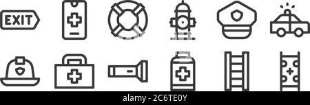 12 set di icone di emergenza lineare. icone di contorno sottile come barella medica, pillole, kit di pronto soccorso, cappello di polizia, salvavita, smartphone per il web, folla Illustrazione Vettoriale