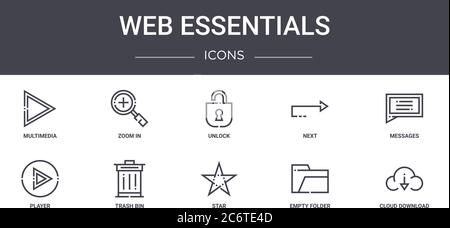 set di icone della linea concettuale di web essentials. contiene icone utilizzabili per il web, il logo, l'interfaccia utente/utente, come zoom in, avanti, giocatore, stella, cartella vuota, download cloud, m Illustrazione Vettoriale