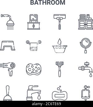 set di 16 icone di linee vettoriali per il bagno. icone di tratti sottili 64x64 come lavello, sgabello, specchio, rasoio, rubinetto, orinatoio, sapone, secchio, armadietto Illustrazione Vettoriale