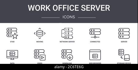 set di icone della linea di concetto del server per ufficio. contiene icone utilizzabili per il web, il logo, l'interfaccia utente/utente, ad esempio per lo spostamento, la connessione, i dati, il download, il browser web, lo storage Illustrazione Vettoriale