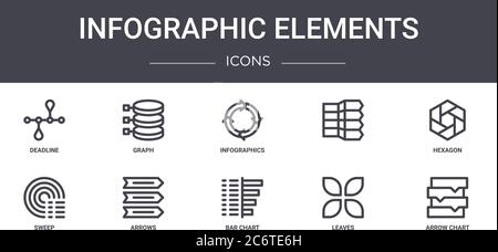set di icone della linea di concetto di elementi infografici. contiene icone utilizzabili per il web, il logo, l'interfaccia utente/utente, come grafico, sweep, grafico a barre, lamelle, grafico a frecce, esago Illustrazione Vettoriale