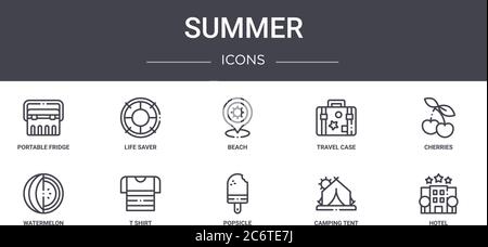 set di icone per la linea summer concept. contiene icone utilizzabili per il web, il logo, l'interfaccia utente/utente, come salvavita, custodia da viaggio, cocomero, pop-sicle, tenda da campeggio, hotel, Illustrazione Vettoriale