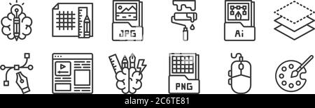12 insieme di icone di disegno grafico lineare. icone di contorno sottili come tavolozza dei colori, file png, layout, file ai, file jpg, linee di griglia per il web, mobile Illustrazione Vettoriale