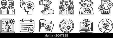 12 set di icone lineari del coronavirus. icone con contorni sottili come globo, coronavirus, quarantena, polmone, tocco, termometro per web, cellulare Illustrazione Vettoriale