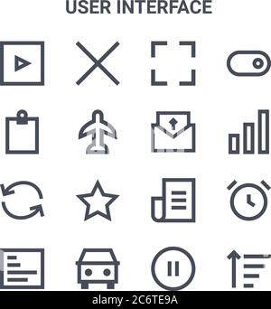set di 16 icone di linee vettoriali di concetto dell'interfaccia utente. 64x64 icone di tratti sottili come elimina, appunti, barre, giornali, auto, filtro, pausa, e-mail, tog Illustrazione Vettoriale