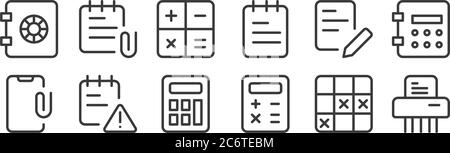 12 set di icone lineari per forniture per ufficio. icone con contorni sottili come cartoni, bilancio, errore, modifica, tasti, allegati per web, dispositivi mobili Illustrazione Vettoriale