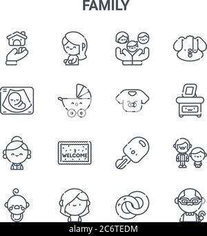 set di 16 icone di linee vettoriali di concetto della famiglia. 64x64 icone di ictus sottile come gravidanza, ultrasuoni, immagine, auto, madre, nonno, sposato, bambino, d Illustrazione Vettoriale