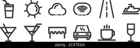 12 set di icone per le vacanze lineari. icone con contorni sottili come drink, auto, bevande, strada, nuvola, sole per il web, dispositivi mobili Illustrazione Vettoriale