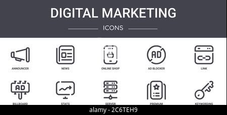 set di icone della linea di concetto di marketing digitale. contiene icone utilizzabili per il web, il logo, l'interfaccia utente/utente come notizie, blocco degli annunci, cartelloni, server, premium, parole chiave, Illustrazione Vettoriale