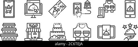 12 set di icone lineari per la consegna di alimenti. icone con contorni sottili come classificazione, take away, negozio, fattura, voucher, ordine per il web, cellulare Illustrazione Vettoriale