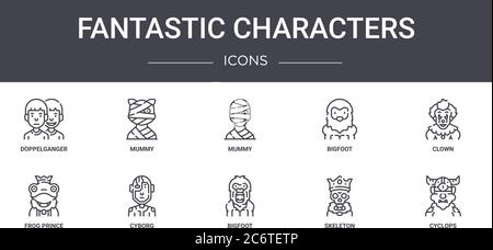 set di icone di concetto per personaggi fantastici. contiene icone utilizzabili per il web, il logo, l'interfaccia utente/utente come mummia, bigfoot, principe di rana, bigfoot, scheletro, ciclop Illustrazione Vettoriale