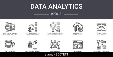 set di icone della linea di concetto di analisi dei dati. contiene icone utilizzabili per il web, il logo, l'interfaccia utente/utente, come lo storage di database, la programmazione, l'archiviazione dei dati, l'apprendimento approfondito, d Illustrazione Vettoriale