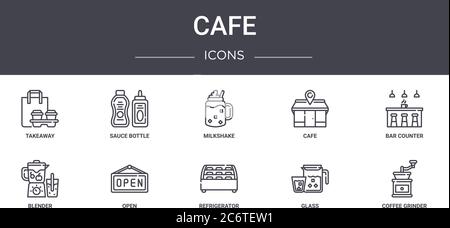 set di icone della linea cafe concept. contiene icone utilizzabili per web, logo, ui/ux come bottiglia di salsa, caffè, frullatore, frigorifero, vetro, macinacaffè, bar Illustrazione Vettoriale