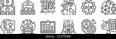 12 insieme di icone lineari per i rischi aziendali. icone con contorni sottili come pressione, successo, incendio, efficienza, terremoto, inondazione per il web, dispositivi mobili Illustrazione Vettoriale