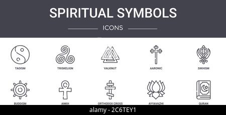 simboli spirituali set di icone della linea concettuale. contiene icone utilizzabili per il web, logo, ui/ux come trischeletro, aaronico, buddism, croce ortodossa, ayyavazhi, Illustrazione Vettoriale