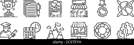 12 insieme di icone di avvio lineari. icone con contorni sottili come manager, negozio online, ora, medaglia, statistiche, documenti per il web, dispositivi mobili Illustrazione Vettoriale