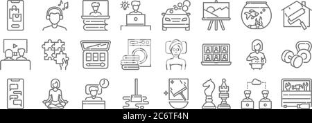 restate a casa per le icone della linea di quarantena. set lineare. set di linee vettoriali di qualità come cassetta degli attrezzi, scacchi, pulitore, chat, cucina, cosmetici, verniciatura Illustrazione Vettoriale