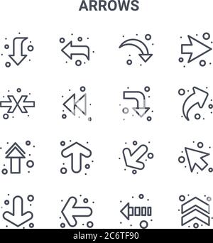 set di 16 frecce icone di linee vettoriali. 64x64 icone di tratti sottili come freccia sinistra, puntatore a freccia, , freccia giù sinistra, svolta a sinistra, freccia su, giù, Illustrazione Vettoriale