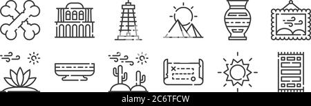 12 insieme di icone lineari del deserto. icone sottili come tappeto, mappa del tesoro, indiano, vaso, derrick, casa per il web, mobile Illustrazione Vettoriale