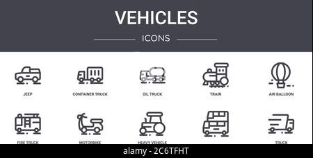 set di icone della linea concettuale dei veicoli. contiene icone utilizzabili per web, logo, ui/ux quali carrello container, treno, camion antincendio, veicolo pesante, camion, aria ba Illustrazione Vettoriale