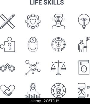 set di 16 icone di linee vettoriali di concetto di abilità di vita. 64x64 icone di tratti sottili come ingranaggio, parte puzzle, uomo, scale, donna, clessidra, abilità, obiettivo, lig Illustrazione Vettoriale