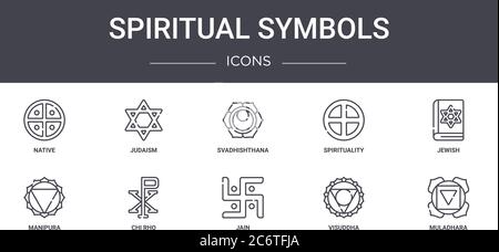 simboli spirituali set di icone della linea concettuale. contiene icone utilizzabili per il web, il logo, ui/ux come il giudaismo, la spiritualità, la manipura, jain, visudha, muhar Illustrazione Vettoriale