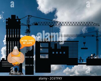 Sviluppo costruttivo generico con salute e sicurezza lavoro sicuro messaggio sicuro contro un cielo blu nuvoloso Foto Stock
