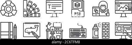 12 insieme di icone di disegno grafico lineare. icone di contorno sottile come web de, tastiera, disegno, de grafico, tipografia, colori per il web, mobile Illustrazione Vettoriale