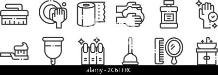 12 set di icone di routine per l'igiene lineare. icone con contorni sottili come lavello, stantuffo, tazza mestruale, collutorio, carta igienica, piastra di lavaggio per il web, mobil Illustrazione Vettoriale