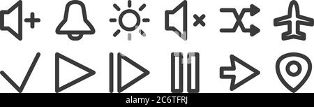 12 set di icone dell'interfaccia utente lineare. icone con contorni sottili come mappe, pausa, riproduzione, riproduzione casuale, luminosità, notifica per il web, dispositivi mobili Illustrazione Vettoriale