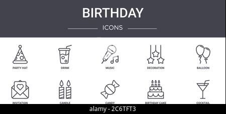 set di icone per la linea di concetto di compleanno. contiene icone utilizzabili per il web, il logo, l'interfaccia utente/utente, come drink, decorazione, invito, caramelle, torta di compleanno, cocktail, bal Illustrazione Vettoriale