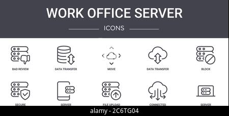 set di icone della linea di concetto del server per ufficio. contiene icone utilizzabili per il web, il logo, l'interfaccia utente/utente, come il trasferimento dei dati, la sicurezza, il caricamento dei file, il conne Illustrazione Vettoriale