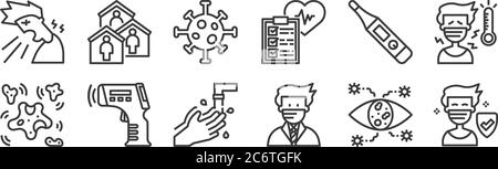 12 set di icone lineari del coronavirus. icone sottili come sano, medico, termometro, termometro, coronavirus, quarantena per il web, mobile Illustrazione Vettoriale