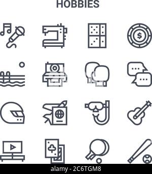 set di 16 icone di linee vettoriali di concetto hobby. 64x64 icone di corsa sottile come macchina da cucire, piscina, chat box, immersioni subacquee, carte da poker, baseb Illustrazione Vettoriale