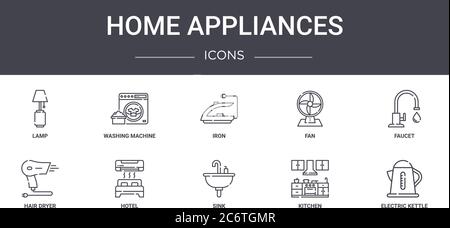 set di icone della linea di concetto per elettrodomestici. contiene icone utilizzabili per web, logo, ui/ux come lavatrice, ventilatore, asciugacapelli, lavello, cucina, k elettrico Illustrazione Vettoriale