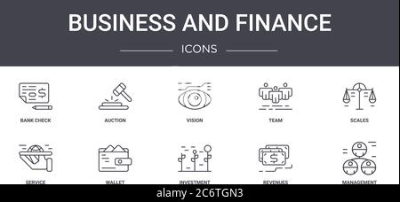 set di icone di concetto di business e finanza. contiene icone utilizzabili per il web, logo, ui/ux come aste, team, servizio, investimenti, ricavi, manageme Illustrazione Vettoriale
