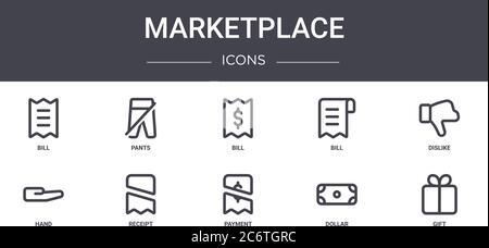 set di icone della linea di concetto del mercato. contiene icone utilizzabili per il web, il logo, l'interfaccia utente/utente, come pantaloni, bolletta, mano, pagamento, dollaro, regalo, dissimile, fattura Illustrazione Vettoriale