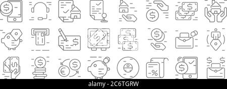 business e finanza line icons. set lineare. qualità vettore linea set come borsa di denaro, tasse, banca piggy, pagare, borsa, assegno bancario, assicurazione casa, prestito, Illustrazione Vettoriale