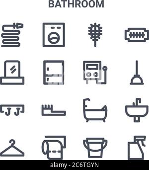 set di 16 icone di linee vettoriali per il bagno. icone di corsa sottile 64x64 come lavatrice, specchio, stantuffo, vasca da bagno, carta igienica, spruzzatore, secchio Illustrazione Vettoriale