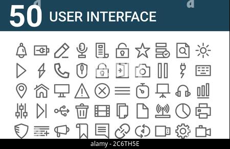 set di 50 icone dell'interfaccia utente. delineare icone sottili come videocamera, schermo, impostazione, pin, pulsante di riproduzione, stato della batteria, pulsante Illustrazione Vettoriale