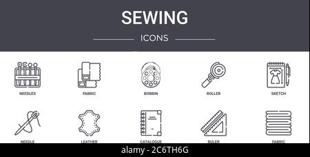 set di icone per linee di concetto per cucire. contiene icone utilizzabili per web, logo, ui/ux come tessuto, rullo, ago, catalogo, righello, tessuto, schizzo, bobina Illustrazione Vettoriale