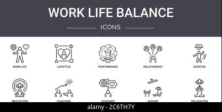 set di icone della linea di concetto di equilibrio della vita lavorativa. contiene icone utilizzabili per il web, il logo, l'interfaccia utente/utente come stile di vita, relazione, meditazione, guida, tempo libero, r Illustrazione Vettoriale