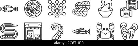 12 set di icone di pesce lineare. icone di contorni sottili come mussel, sgombro, negozio, zuppa, alghe, tom yum per il web, mobile Illustrazione Vettoriale