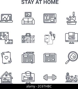 set di 16 icone di linee vettoriali di concetto stay at home. 64x64 icone di tratti sottili come relax, domino, live, libro, e learning, delivery, dumbell, musica play Illustrazione Vettoriale