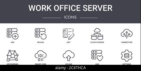 set di icone della linea di concetto del server per ufficio. contiene icone utilizzabili per il web, il logo, l'interfaccia utente/ux, come ricarica, archiviazione cloud, rete, caricamento, ecc., impostazione Illustrazione Vettoriale