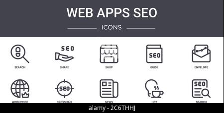 web apps seo concept line icone set. contiene icone utilizzabili per il web, logo, ui/ux come condivisione, guida, in tutto il mondo, notizie, hot, ricerca, busta, negozio Illustrazione Vettoriale